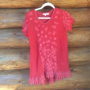 Kyla Seo Coral Embroidered Short Sleeve Boho Tunic w/Crocheted Hem Size Small